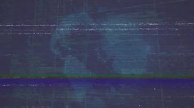 Statik arıza çizgileri zayıflıyor. 3D küresel dönmeyi tetikliyor. Yayın demosu için kıtaları açığa çıkarıyor. Teknoloji, veri, dijital, ağ, fütüristik, görselleştirme, arayüz