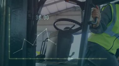 Forklift operatörü yükselen grafiği izliyor ve depo işlemleri için kolu kaydırıyor. Sanayi, lojistik, güvenlik, personel, makine, performans, teknoloji