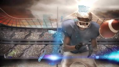 Top dönüyor, mavi atlet kırmızı koşucu onu yakalamadan önce sayı kazanıyor. Eylem, rekabet, spor, fütürist, teknoloji, takım çalışması, adrenalin