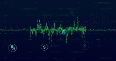 Arayüzde dalga biçimi atımı ve enerji ikonları, maliyeti ve emisyonları görselleştirmek için ortaya çıkıyor. Teknoloji, veri görselleştirme, sürdürülebilirlik, yenilenebilir enerji, yenilik, dijital arayüz, çevre dostu