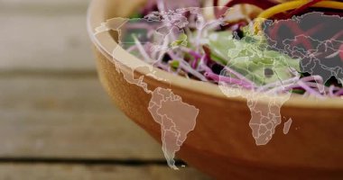 Duraklamadan sonra, dünya haritası salata kasesinin üzerinde kaybolup titreşerek küresel tatları vurguluyor. Taze, organik, canlı, sağlık, küresel, besleyici, dengeli