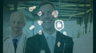 Doktorlar doktor girdikten sonra salona diziliyorlar ve güvenlik simgeleri birleşme gösteriyor. Sağlık, takım çalışması, profesyonellik, dijital, yenilik, modern, işbirliği