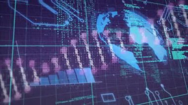 Mor ızrak ızgara küresi başlatılıyor dönen sarmal çizelgesi yükselen kod görüntüleme verisi. Fütürist, teknoloji, analitik, arayüz, siber güvenlik, yenilik, dijital