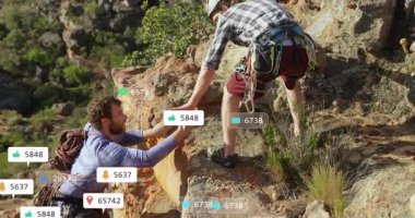 Üst dağcı elini uzatıyor ve ortak pazarlama için yükselen sosyal ikonlar olarak uçuruma tırmanmaya yardım ediyor. Macera, takım çalışması, dayanıklılık, açık hava, başarı, motivasyon, dayanıklılık