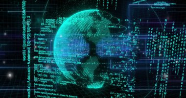 Küresel veri ve teknolojiyi temsil eden ikili kodlu dijital dünya görüntüsü. Bilgi, fütüristik, siber uzay, bağlantı