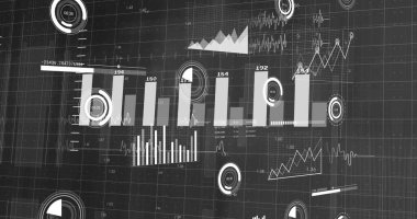 Çubuk çizelgeleri, çizgi grafikleri, üçgen alan grafiği dairesel göstergelerle karanlık şebeke arkaplanında gösteriliyor. Veri, analitik, arayüz, gösterge paneli, görselleştirme, ölçüler, teknoloji