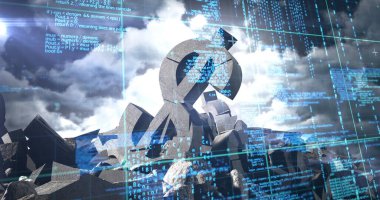 Dolar işaretinin dijital kompozit görüntüsü ve gökyüzüne karşı kayalar ve bilgisayar dili.