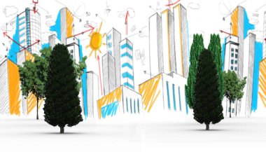 Ağaçların dijital görüntüsü mavi ve turuncu ufuk çizgisine karşı