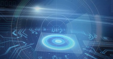 Sanal ızgarada devre örtülü, panelin üzerinde parlayan holografik arayüz gösteriliyor. Gelecek, teknoloji, arayüz, neon, dijital, yenilik, sanal