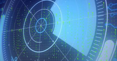 Konsolda eşmerkezli halkalar ve yeşil çift haneli rakamlarla dairesel radar görüntüleme. Teknoloji, siber güvenlik, görselleştirme, arayüz, dijital, veri, analitik