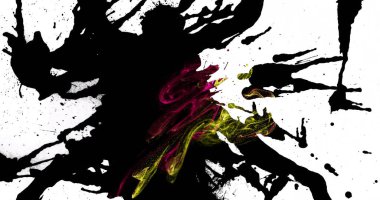 Beyaz arka planda neon dumanlı siluet fışkırıyor, siyah boya sıçramış. Dinamik, soyut, enerji, hareket, canlı, patlayıcı, sanatsal