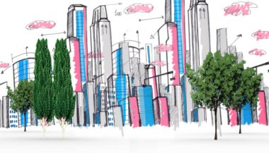 Ağaçların dijital olarak oluşturulan görüntüsü pembe ve mavi ufuk çizgisine karşı