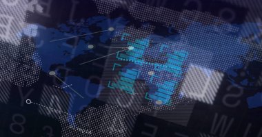 Sanal arayüzde, ağ düğümleriyle birlikte yüzen merkezi dijital dünya haritası görüntüleniyor. Fütüristik, teknoloji, bağlantı, siber, veri, dijital, sürükleyici