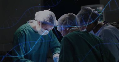 Ameliyat prosedürü, ameliyat masasının etrafında ameliyat önlüğü giyen cerrahlar ameliyathanede enstrümanlı, DNA kaplamalı. Tıbbi, klinik, sağlık, takım çalışması, hassasiyet, yenilik, kısır