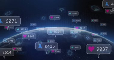 Uzayda süzülen dünya ufkunda bildirim baloncukları, kalp, beğeni, kullanıcı siluetleri görülüyor. Küresel, dijital, geleceksel, ağ, teknoloji, yenilik, göksel