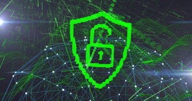 Yeşil kalkan ve kilitlenmemiş asma kilit simgesi siber uzayda parlıyor, beyaz düğümler, çizgiler, veri dalgaları. Siber güvenlik, dijital koruma, ağ güvenliği, fütürist, teknoloji, veri bütünlüğü, güvenli ortam