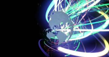 Renkli ışık yolları ve dijital ağ bağlantıları olan bir dünya görüntüsü. Küreselleşme, teknoloji, bağlantı, iletişim, yenilik, veri