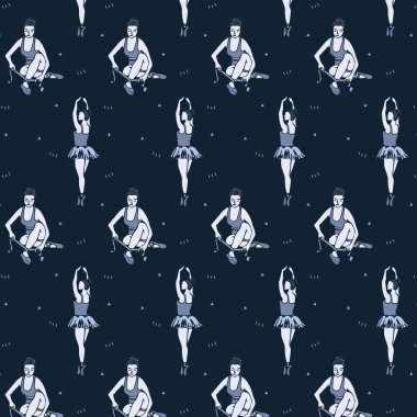 Siyah arka planda balerin ikonlarının resmi. Renk, şablon ve iletişim konsepti dijital olarak oluşturuldu.