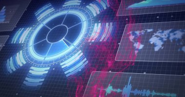 Karanlık ızgarada yüzen holografik HUD, veri kavisleri, paneller, dünya haritası, dalga biçimi ve çizgi çizelgeleri. Fütürist, teknoloji, arayüz, görselleştirme, dijital, sürükleyici, parlak