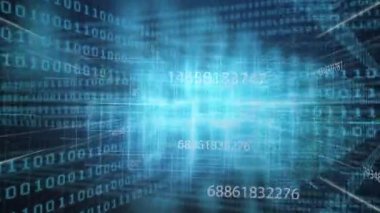 Döndürme işlemini başlatan ikili kod veri akışını görselleştirmek için genişliyor ve kayıyor. Gelecek, teknoloji, dijital, soyut, veri, sibernetik, neon