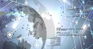 Noktalı küre açıldığında parlayan düğümlerle sola dönen ve görselleştiren kodlar oluşturan veriler. Teknoloji, bağlantı, yenilik, siber güvenlik, dijital, gelecekçi, veri transferi