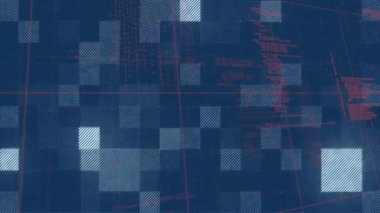 Kırmızı ızgara etkinleştirmesi üzerine mavi beyaz kareler ortaya çıkıyor ve veri akışını göstermek için kayboluyor. Teknoloji, dijital, soyut, fütürizm, hareket, yenilik, ağ