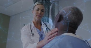 Kadın doktor yapay zeka taramasını başlatıyor, boynu elle yokluyor, steteskopu dönen ağla yerleştiriyor. Tıbbi, sağlık, teknoloji, tanı, fütüristik, klinik, yenilik