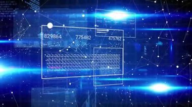 Görünüm panelleri kayar ve titreşen düğümleri hizalar, güncellenen numaralar, veri eğilimlerini gösterir. Teknoloji, veri, görselleştirme, ağ, analitik, fütürist, dijital