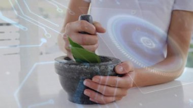 Kadın tokmağı kavrıyor ve taze yaprakları eziyor. Devreleri de sağlık teknolojisi sürecini gösteriyor. Bitki yetiştirme, sağlık, organik, dinginlik, modern teknoloji, doğal çözümler, bütünsel