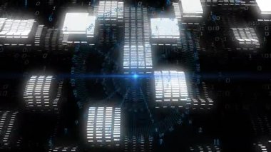 Mavi ışık paneli oluşturuluyor, ikili kod yükseliyor ve tarama için döngü ayarlanıyor. Fütürist, siber, veri, teknoloji, dijital, soyut, arayüz