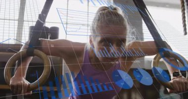 Yüzükleri kavrayan, jimnastik salonunda dalış yapan hareketli grafikler, temsilcileri ve gücü takip eden sporcular. Fitness, strength, performance, muscular, dynamic, training, data