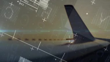 Gün batımı düzlem kuyruğu, üstüste binen ızgara hatlarını, işaret fişeklerini, grafik çizim para birimini gösteriyor. Havacılık, finans, teknoloji, analitik, navigasyon, yenilik, seyahat