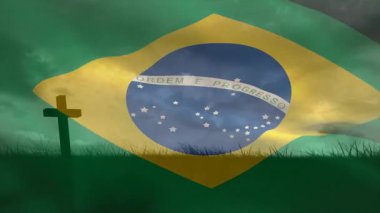 Brezilya bayrağı başlarken haç simgesi üzerinde beliriyor ve çimenli tepe el sallayarak birlik gösteriyor. Vatanseverlik, milliyetçilik, açık hava, huzur, doğa, sembolik, kumaş
