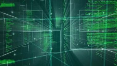 Yeşil kod yayını ve veri akışını gösteren çerçevelerle tünel boyunca yarışan kamera. Siber uzay, dijital, fütüristik, hareket, soyut, teknoloji, sanal