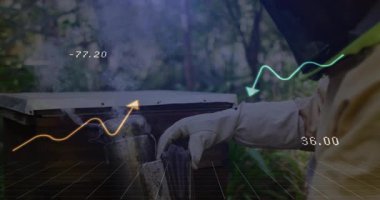 Arıcı arı kovanına sigara içen körük pompalıyor duman seviyelerini takip etmek için dalga formu grafiği oluşturuyor. Apiary, arı yetiştiriciliği, teknoloji, telemetri, açık hava, doğa, güvenlik