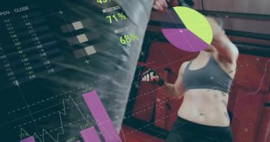 Kadın yumruklamadan önce yumruk kaldırıyor ve ağır torba tekmeliyor. Bu sırada form grafikleri güncelleniyor. Spor, güç, kararlılık, eğitim, egzersiz, atlet, performans