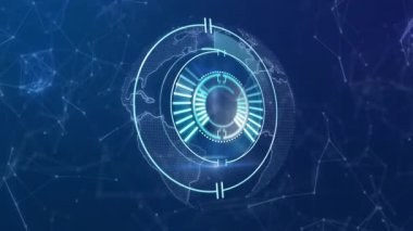 Dairesel arayüzün ortaya çıkması halkaların dönmesini tetikler ve ağları görselleştirmek için segmentler parlar. Futuristik, teknoloji, arayüz, animasyon, dijital, yenilik, ağ