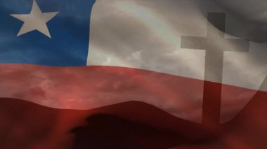Şili bayrağını dalgalandıran rüzgar görünür beyaz yıldızla ve inancı gösteren çapraz titreşimlerle. Vatansever, ruhani, sembolik, hareket, kumaş, hürmet, bağlılık.