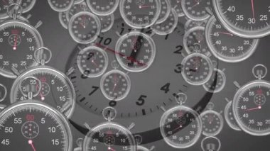 Saatin yüzü göründükten sonra kenarlardan çıkan küçük kronometreler hızlandırılmış etki için dönüyor. Zamanlama, senkronizasyon, geri sayım, hassasiyet, hareket, ölçüm, tutarlılık