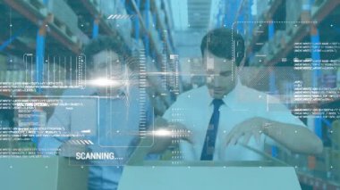 Technician opening box while warehouse manager reviewing scanning HUD validating parts. Inventory, logistics, technology, innovation, productivity, industrial, collaboration