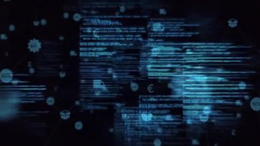 Mavi kod kaydırma ve sürüklenen ekommer simge ağı etkinleştiriliyor, veri değişimi gösteriliyor. Siber, gelecekçi, minimalist, dijital, ağ, teknoloji, çevrimiçi