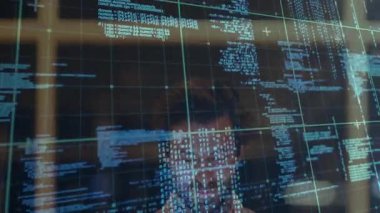 Engineer drawing tablet tapping transparent interface, analyzing code overlay shifting in tech lab. Technology, innovation, screens, digital, interface, coding, modern