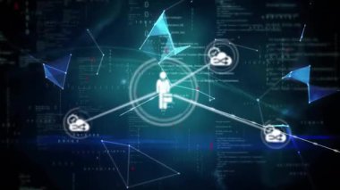 Halka etkinleştiren kişi simgeleri bulut simgelerini birbirine bağlıyor, Dünya ortaya çıkıyor, dönüyor, ağı gösteriyor. Teknoloji, bağlantı, dijital, yenilik, siber alan, ağ, fütüristik