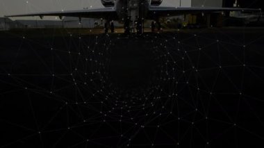 Ağ sarmal girdabı sonra mürettebat bakım için dişli takarken jet burnunu açığa çıkarmak için geri çekiliyor. Havacılık, uçak, teknoloji, endüstriyel, bakım, işe gidip gelme, mühendislik