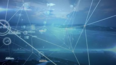 Başlangıçta solma çizgileri ve düğümler dijital ağ oluşturarak alacakaranlık girişini genişletiyor ve haritalıyor. Gelecekçi, coğrafi, bağlantı, kentsel, teknolojik, yenilikçi, veri görselleştirmesi