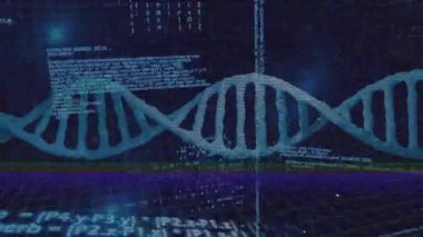 Arıza hattı atımında, siyan DNA sarmalı kayıyor, veri akışını görselleştirmek için ızgarada salınıyor. Gelecek, teknoloji, dijital, bilim, yenilik, siber güvenlik, soyut