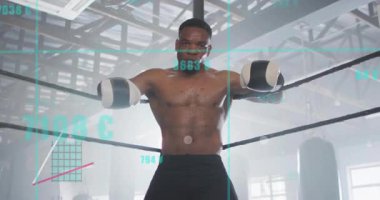 Spor salonundaki halatlara yaslanan boksör verileri grafiklerle örtüyor terleri silerken güncelliyor. Sporcu, fitness, spor giyim, eğitim, dayanıklılık, performans, beceri