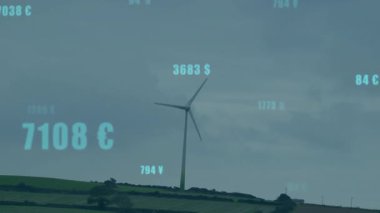 Rüzgâr türbinlerinin dönüşünü başlatan veriler kaplanıyor ve ölçümleri gösteren sayılar dalgalanıyor. Sürdürülebilir, yenilenebilir, teknoloji, çevre, dijital, yenilik, enerji