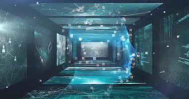 Veri ağı, holografik kafa oluşturma işlemini başlatıyor ve 5G ağını ve kod akışını gösteriyor. Gelecek, teknoloji, dijital, siber alan, yenilik, soyut, siber güvenlik