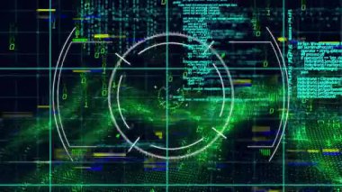 Başlangıçta HUD halkaları, yeşil ikili dalga ve veri arayüzünü koda sokarken dönerek maddeleşir. Fütürist, dijital, arayüz, teknoloji, animasyon, sanal, veri